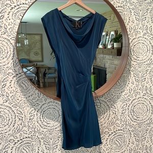 Lia Kes designer dress. Teal blue with draped neckline. Side weave with tassels